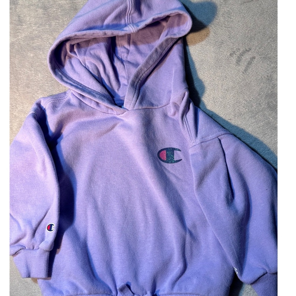 Champion Toddler Girls Lavender Purple Glitter Logo Fleece Hoodie Sweatshirt 2T